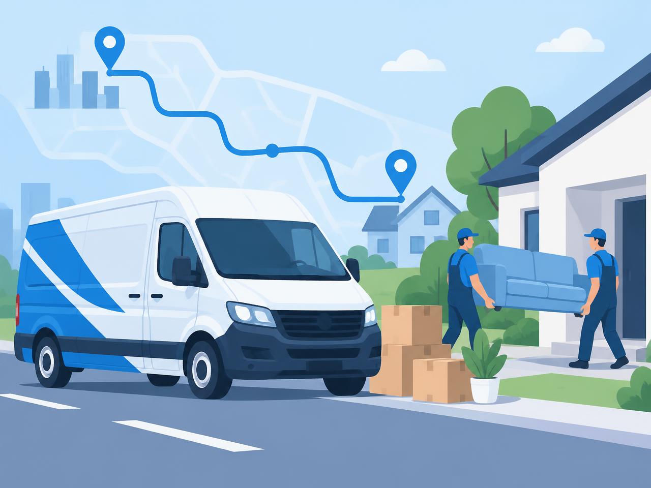 Movers loading a sofa into a delivery van, with a route drawn between two locations